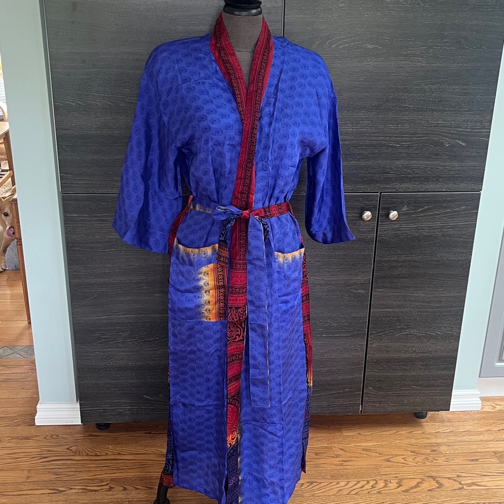 New #16 Paisley Silky Kimono from Recycled Indian  Saris OSFM Royal Blue & Red